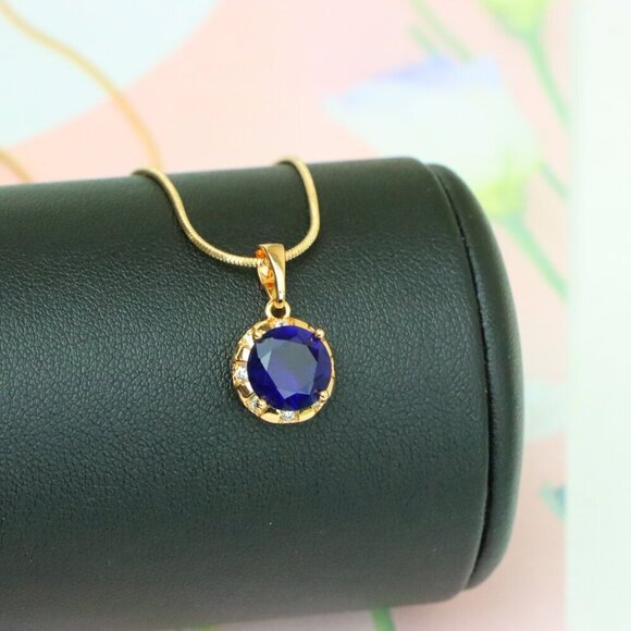 "Royal Blue Round Pendant with Sparkling Accents in Gold Finish, XPPT1647 - Picture 13 of 13